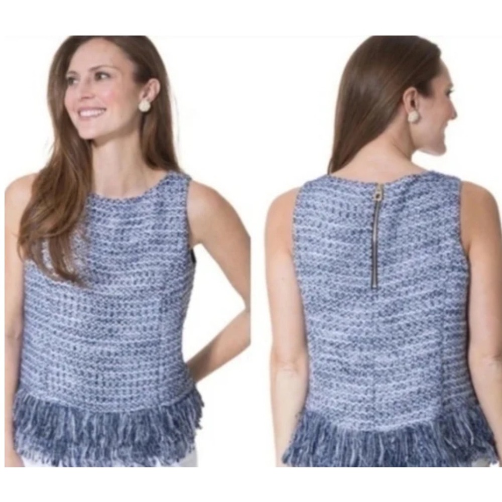 Sail to Sable STS Navy Silver Tweed Fringe Hem Sleeveless Top Shell Gold Zip L